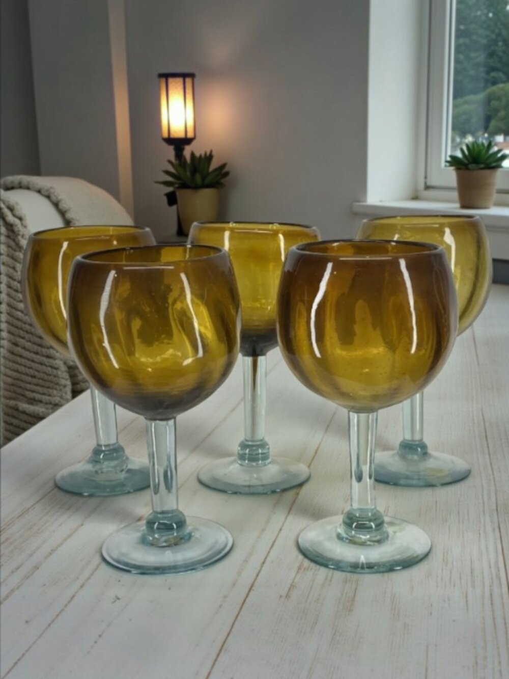 HEAVY GLASS GOBLETS -- Vintage, Set of 5, Amber Stemware, Beer/Water/Margarita
